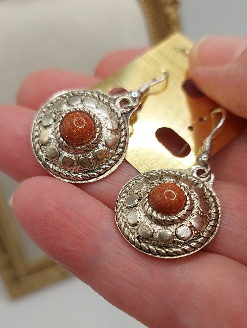 Artisan Silver-Tone Drop Earrings with Goldstone Nwot - Picture 5 of 7